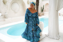 Load image into Gallery viewer, Eclectic Bohemian Bluebelle Fortune Teller Maxidress Long Sleeve Retro Floral Print