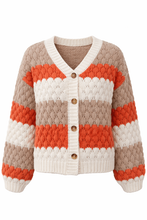 Load image into Gallery viewer, Popcorn Stripe Knit Cardigan – Rusted Orange/Mocha/Cream