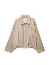 Load image into Gallery viewer, Faux Suede Balloon Hem Bomber Jacket - Beige