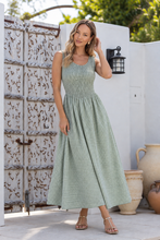 Load image into Gallery viewer, Shirred Bodice Gingham Maxi Dress- Green / White