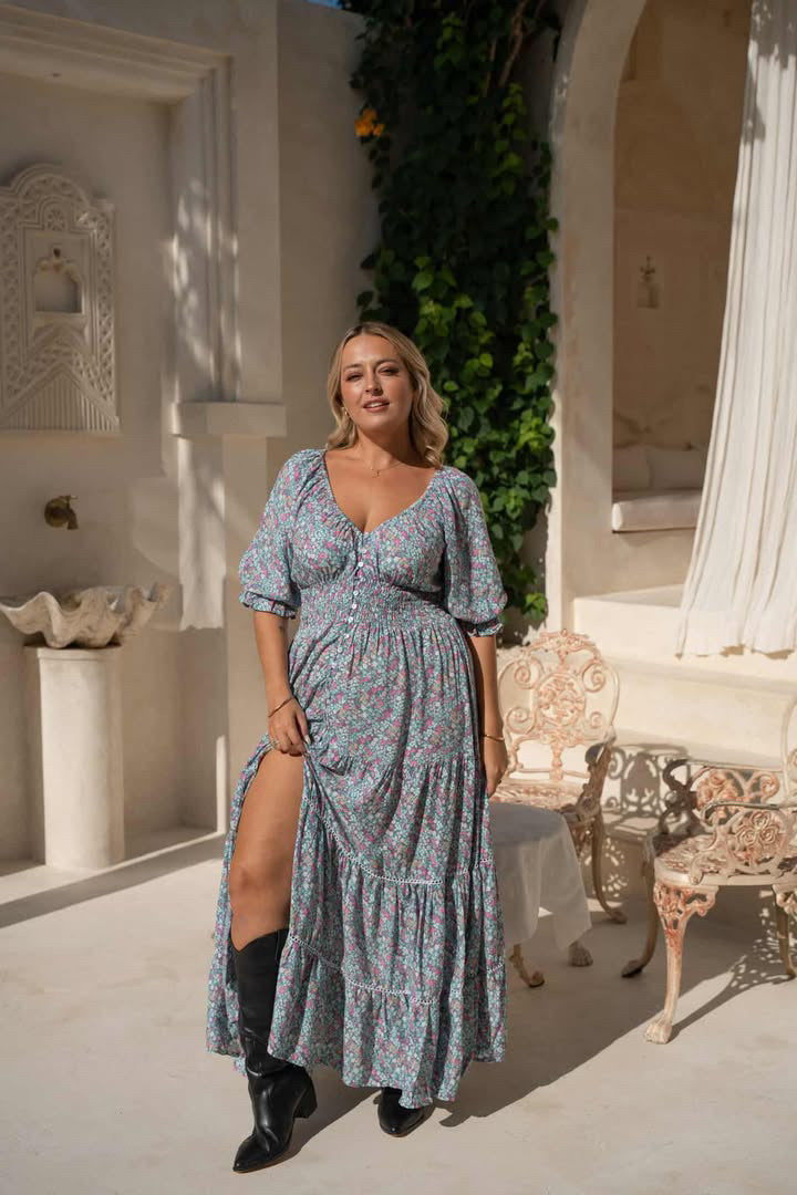 Eclectic Bohemian Fortune Teller Maxidress Short Sleeve Meadow Floral