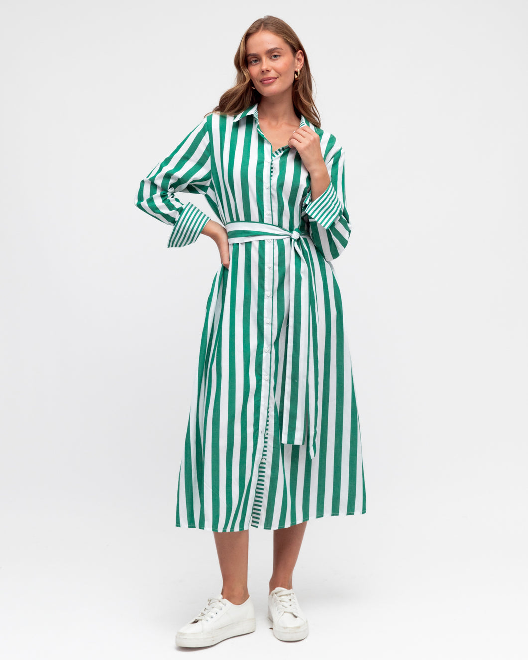 Green and White Stripe Shirt Dress