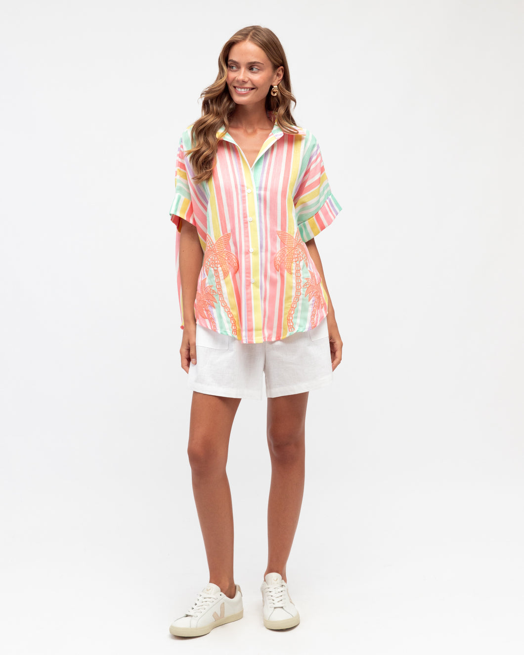 Striped Palm Embroidered Shirt