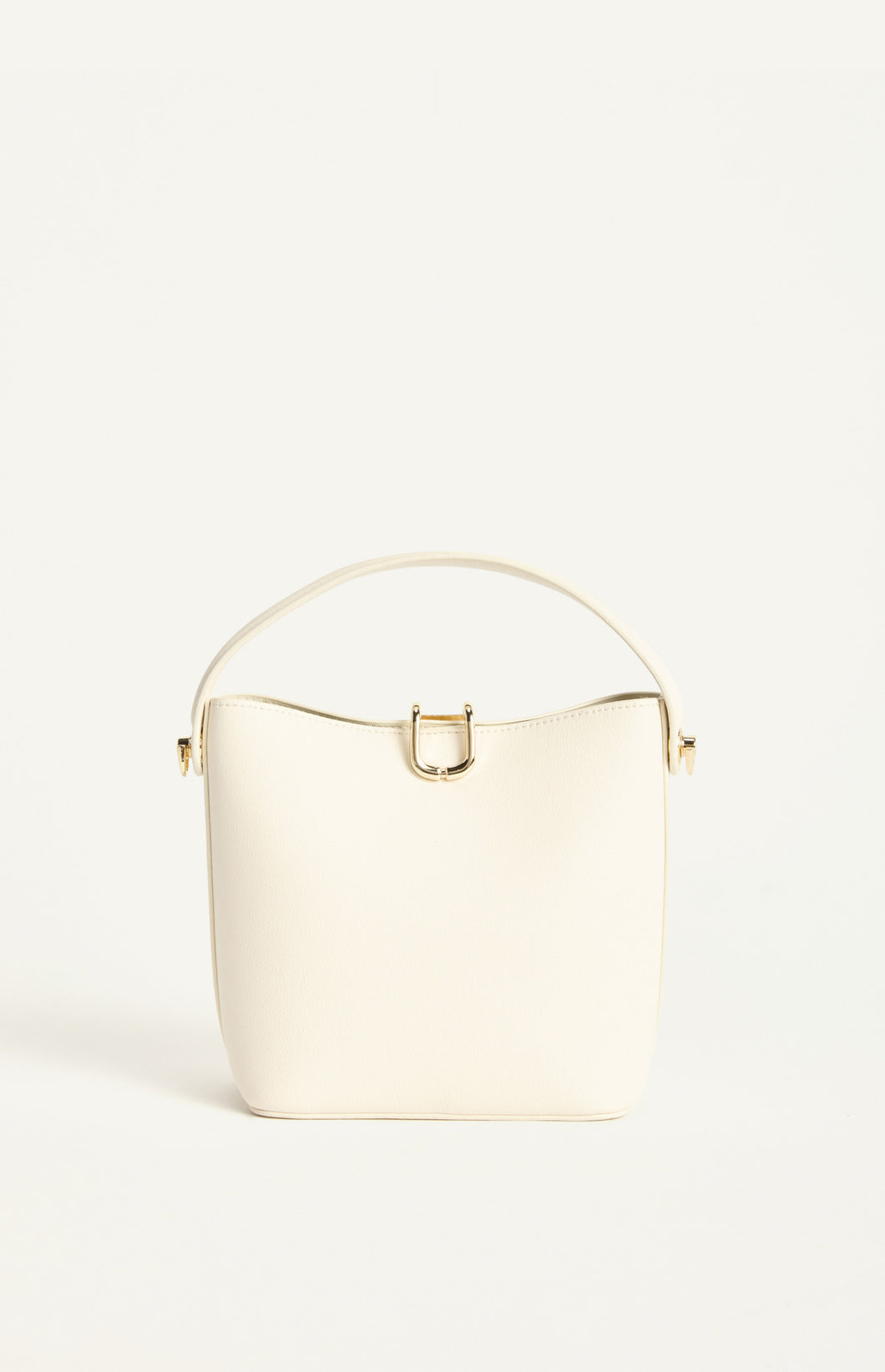 Gold Hardware Vegan Leather Bucket Bag with Internal Pouch and Strap - White