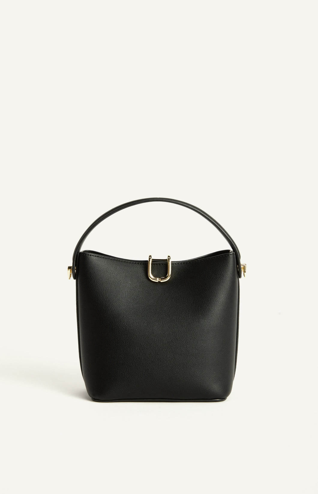 Gold Hardware Vegan Leather Bucket Bag with Internal Pouch and Strap - Black