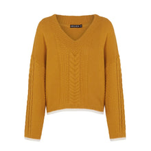 Load image into Gallery viewer, Emma V Neck Cable Knit Jumper - Mustard | Knitwear
