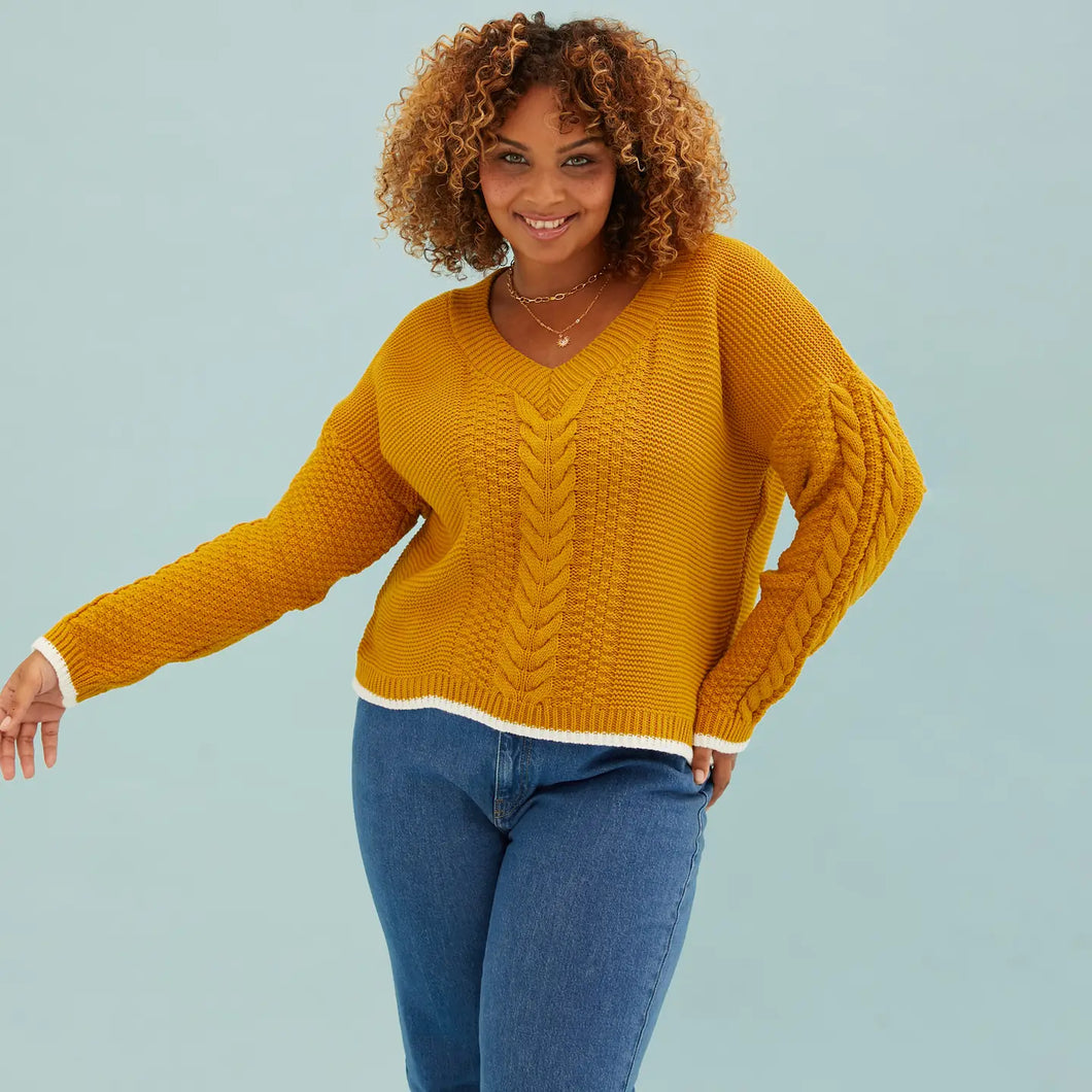 Emma V Neck Cable Knit Jumper - Mustard | Knitwear