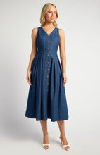 Load image into Gallery viewer, Embossed Gold Button Chambray Dress With Pleated Panel Details
