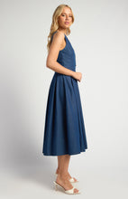 Load image into Gallery viewer, Embossed Gold Button Chambray Dress With Pleated Panel Details
