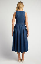 Load image into Gallery viewer, Embossed Gold Button Chambray Dress With Pleated Panel Details
