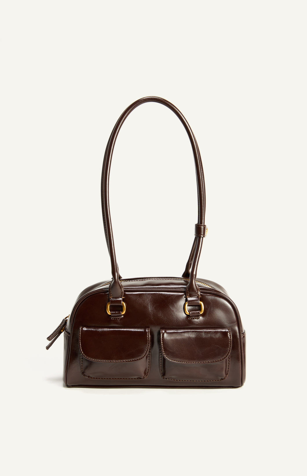 Patent Vegan Leather East West Shoulder Bag with Double Pockets