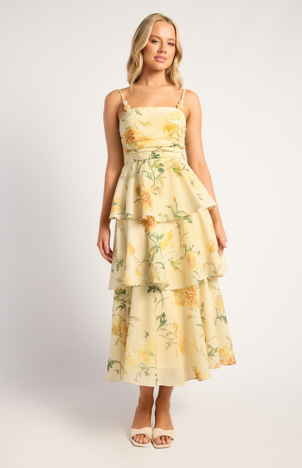 Wispy Florals Tiered Hem Midi Dress With Beaded Strap Details