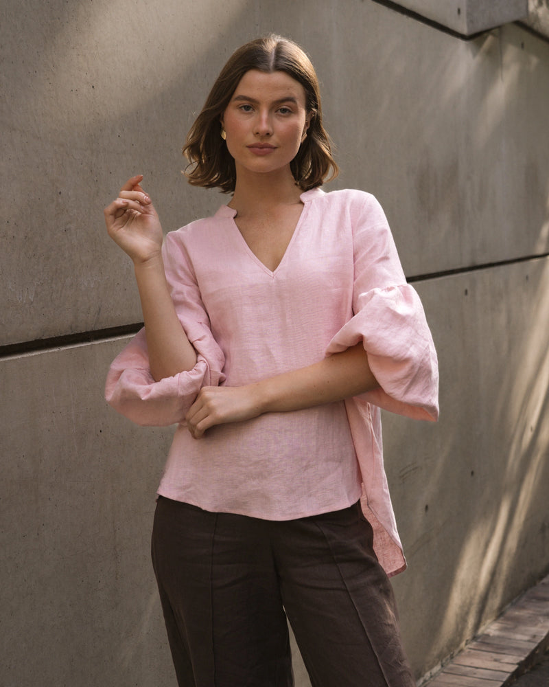 LIGHT PINK LINEN V NECK PUFF LEEVE TOP