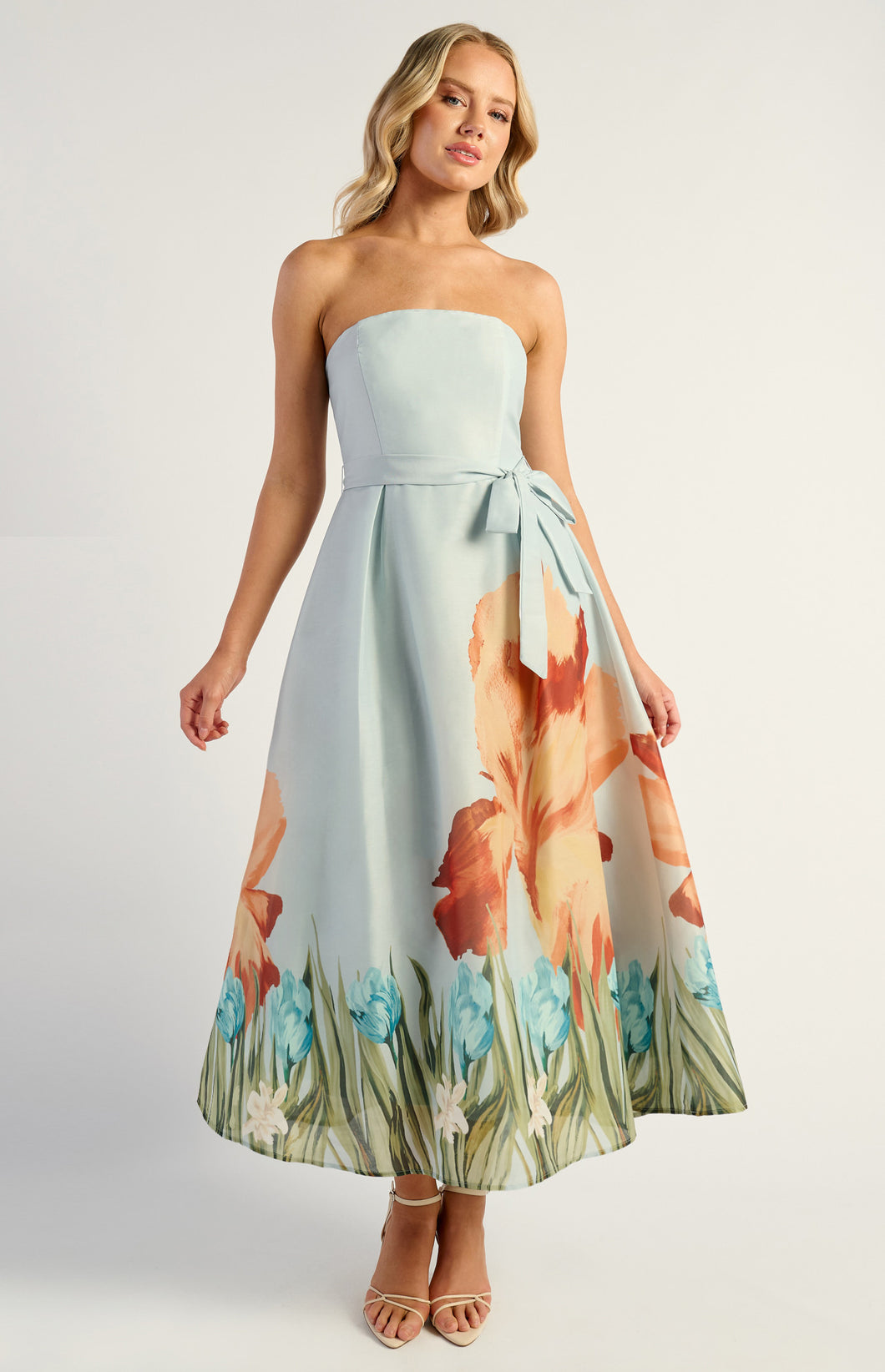 Strapless Placement Print Floral A-Line Midi Dress