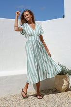 Load image into Gallery viewer, Stripe Sage and White Midi Dress
