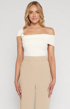 Load image into Gallery viewer, ASYMMETRIC NECKLINE KNIT TOP WITH GOLD BUCKLE FEATURE
