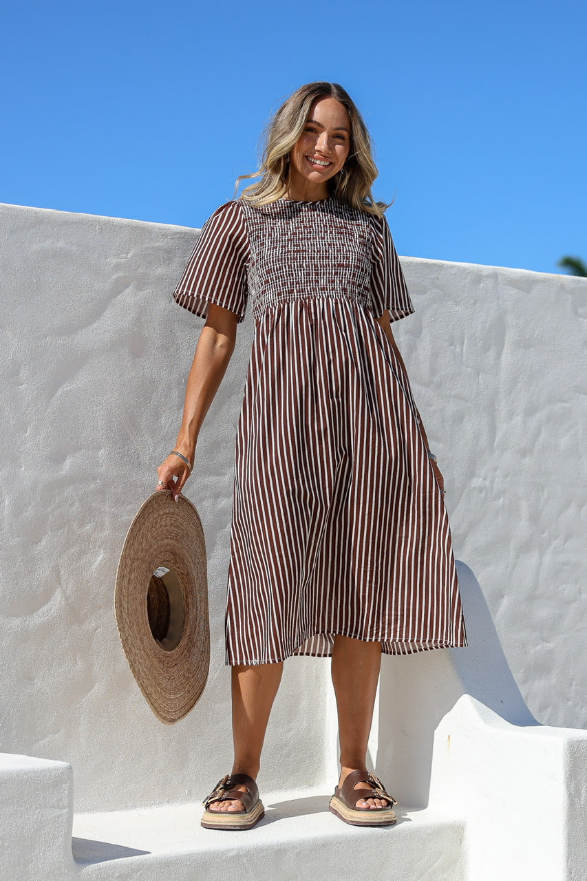 Covent Gardens Cotton Stripe Midi in Chocolate and White.