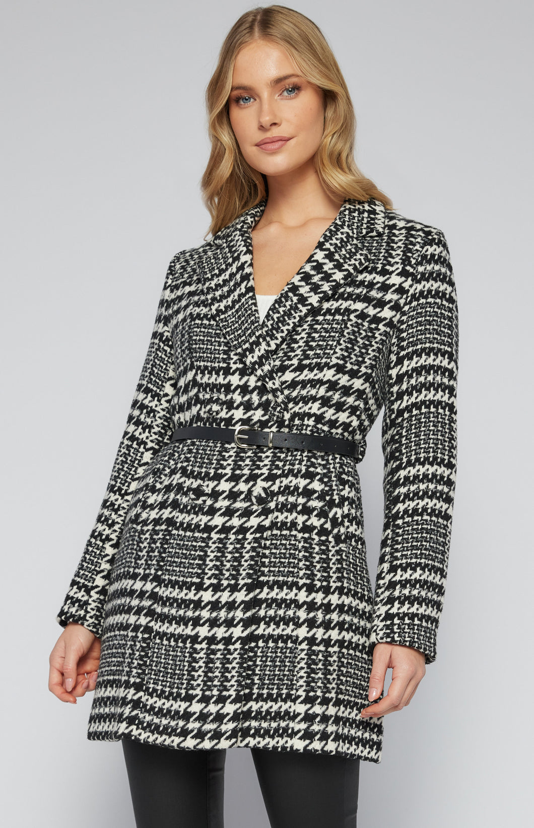 Houndstooth Faux Wool Coat with Contrast Belt