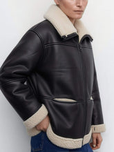 Load image into Gallery viewer, Faux Leather Sherpa Trim Jacket – Black
