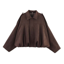 Load image into Gallery viewer, Faux Suede Balloon Hem Bomber Jacket- Chocolate
