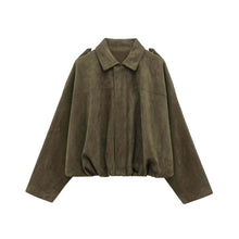 Load image into Gallery viewer, Faux Suede Balloon Hem Bomber Jacket - Khaki
