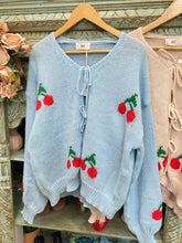 Load image into Gallery viewer, Cherry Tie Up Knit Cardigan - Blue
