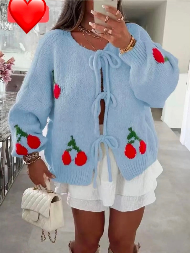 Cherry Tie Up Knit Cardigan - Blue