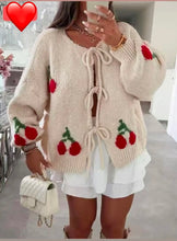 Load image into Gallery viewer, Cherry Tie Up Knit Cardigan- Cream
