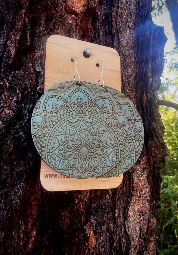 Blue Wooden Zentangle Mandala Laser Cut Earrings