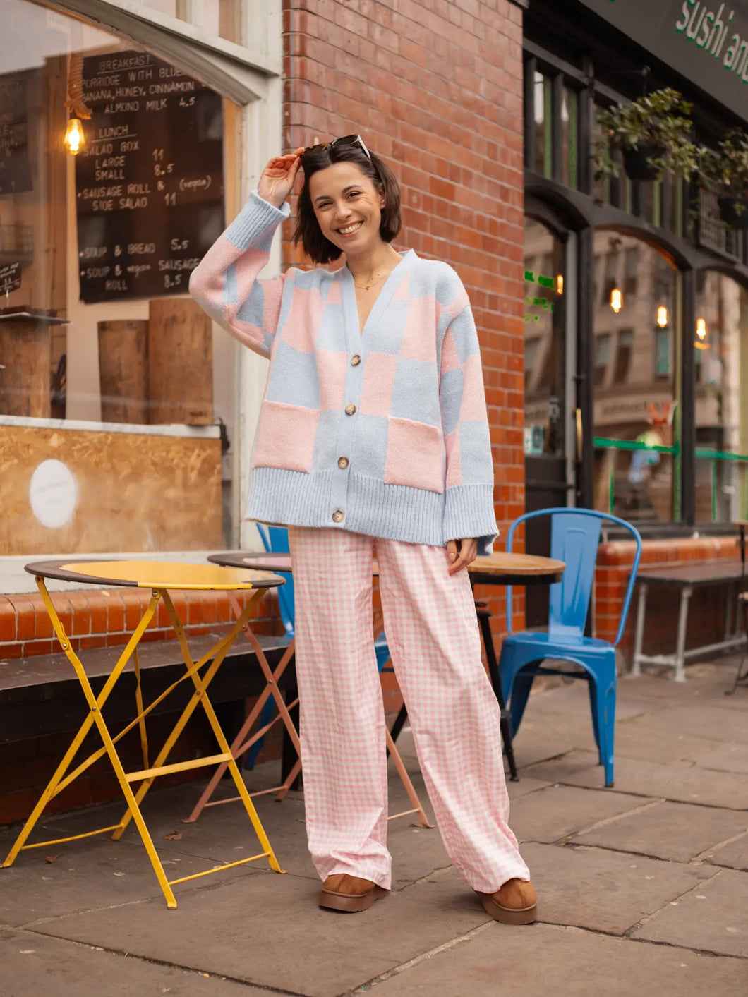 Candice Checked Wide Sleeve Cardigan - Pink & Blue